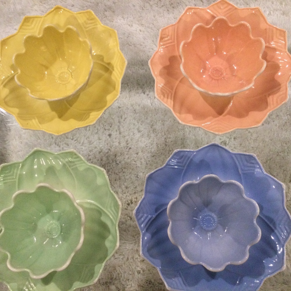 Fire King  Lotus Blossom and Leaf Bowl Plate Snack Set